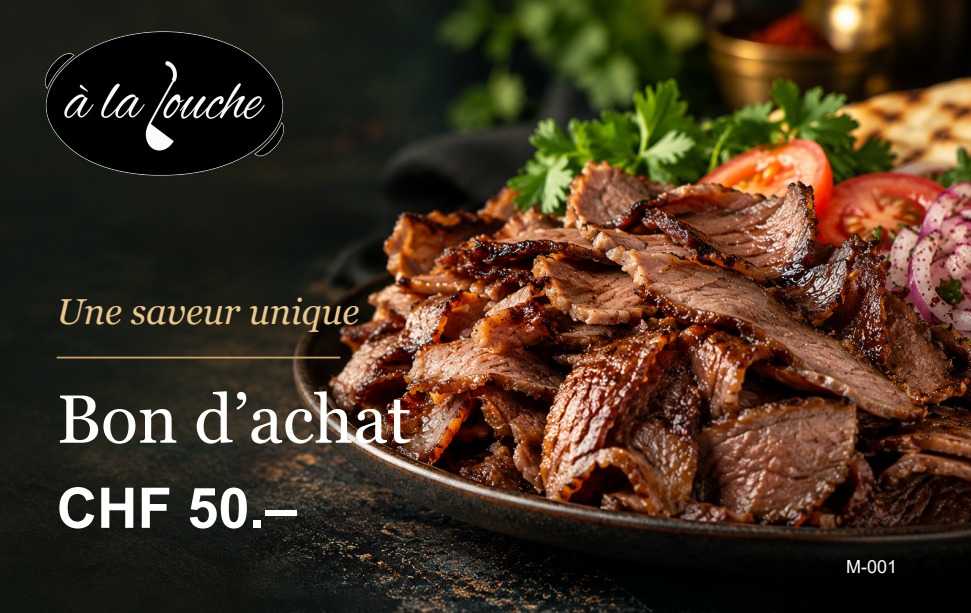 Bon d’achat de 50 CHF créé pour le restaurant À la Louche, avec son logo et un visuel de yaprak döner